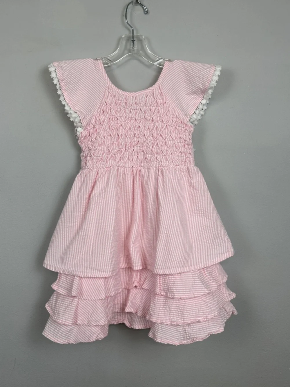 Monica + Andy Smocked Seersucker Pink Striped Ruffled Dress Size 3T
